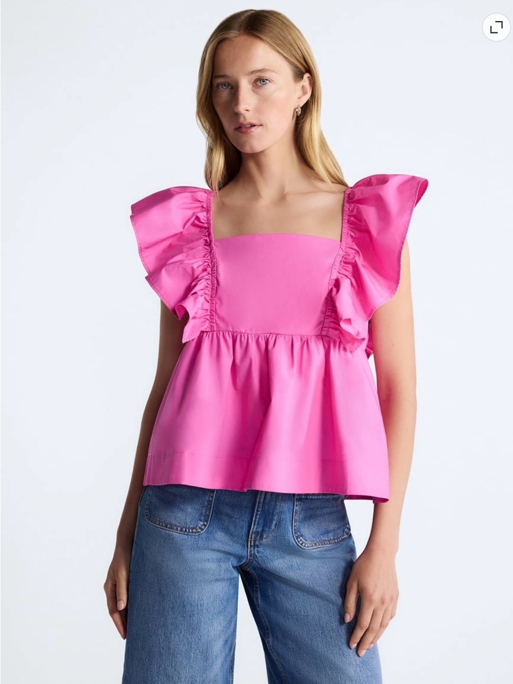 Free Assembly Woven Ruffle Sleeve Square Neck Top with Flutter Sleeves
